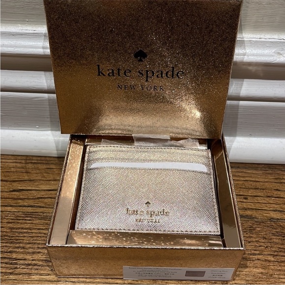 Kate Spade boxed small metallic saffiano slim cardholder wallet glitter rose NWT - Picture 1 of 4